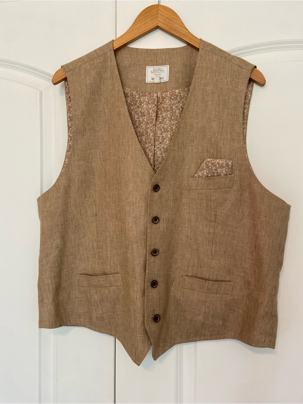 Baird McNutt Murano Men’s Linen Vest XL Button-Up Natural Tan Pocket Square